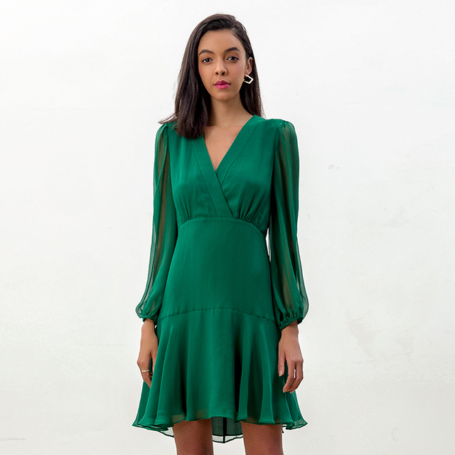 D272 Women Silk crinkle chiffon long puff sleeves flounced mini dress