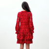 D271 Women Cut out embroidery long puff sleeves ruffle-tiered evening mini dress