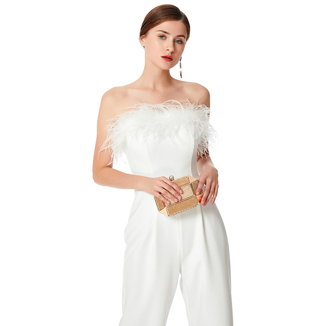 D041 Women Solid crepe feather-trimmed off-shoulder party jumpsuit 