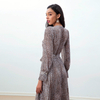 D262 Women Leopard print chiffon long puff sleeves wrap design pleated midi dress