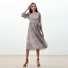 D265 Women Leopard print chiffon long puff sleeves wrap design pleated midi dress