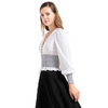 T032 Women Solid V-neck smocking details long puff sleeves blouse