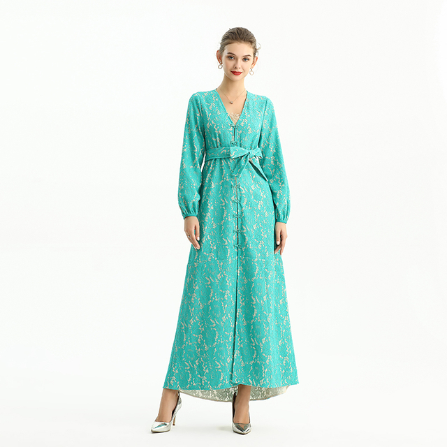 C165-2 Women Bonded lace long sleeves evening maxi robe dress