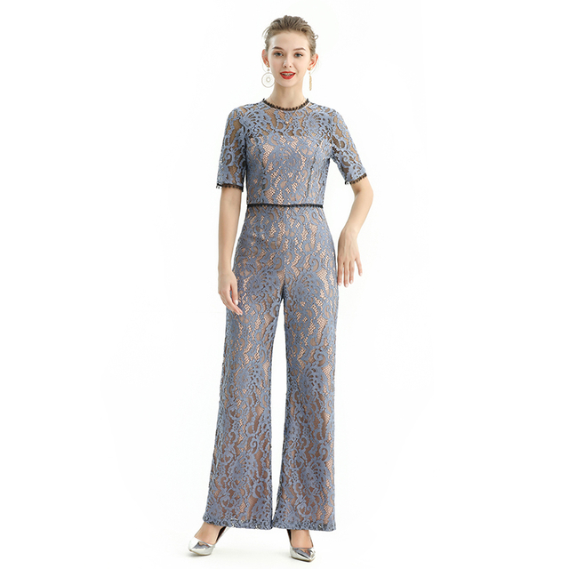 R163 Women All-over lace short sleeves party jumpsuit