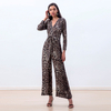 R171 Women Leopard print long sleeves flare leg jumpsuit 