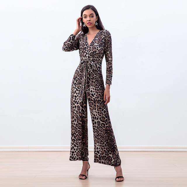 R171 Women Leopard print long sleeves flare leg jumpsuit 