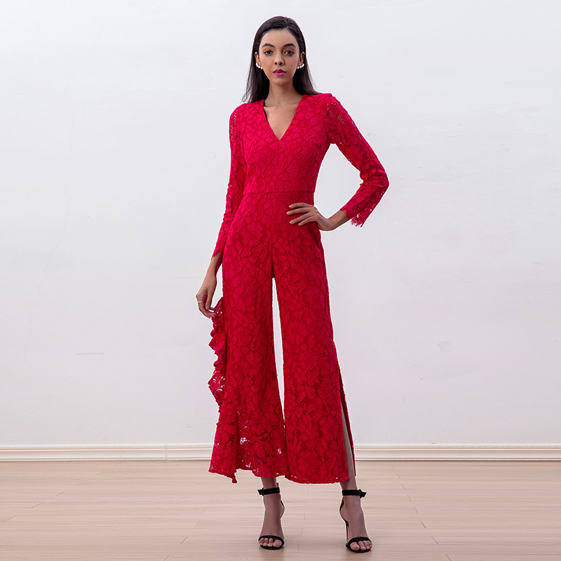 R220 Women All-over lace long sleeve ruffle details party jumpsuit 