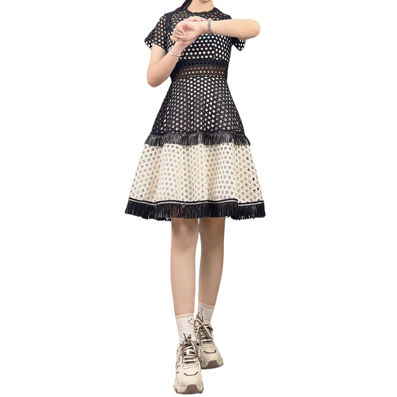 D415 Women Macramé lace short sleeves tiered design flared mini dress