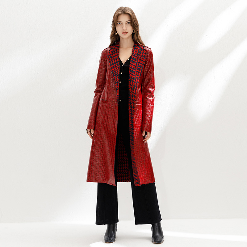 D158 Women Double-faced patent Pu hounds tooth tweed notched lapel belted single-breasted long coat
