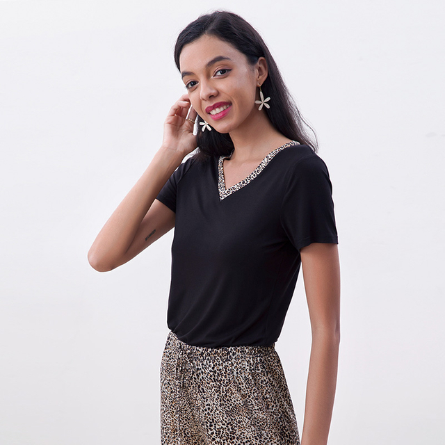 T260 Women Solid combo leopard print neck band short sleeves fashion T Shirt