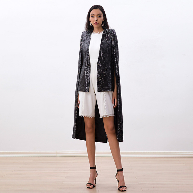 C250 Women all-over sequin embellished V-neck asymmetrical long cape jacket