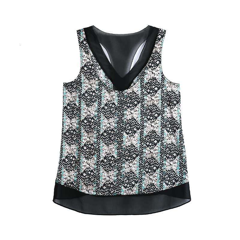 L900 Women Print chiffon color-blocked V-neck picot edge detailed racer back tank top