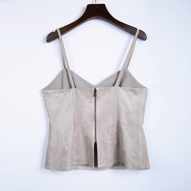052A Women Stretch faux suede V neck strappy fitted cropped top