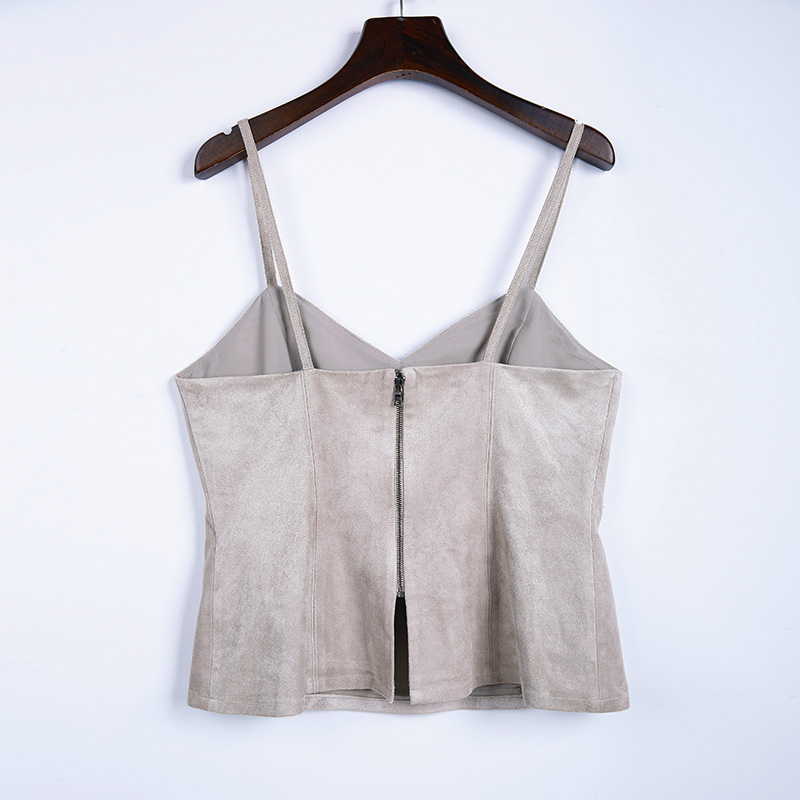 052A Women Stretch faux suede V neck strappy fitted cropped top