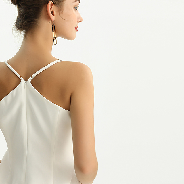 D210 Solid Crepe Asymmetric Neckline Mini Evening Dress