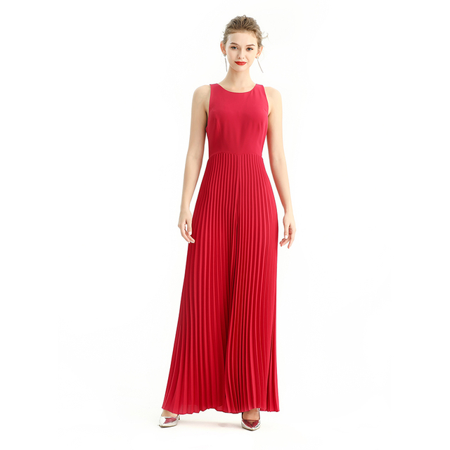 R196 Women Solid sleeveless sunburst pleated party jumpsuit