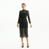 D088 Women Two-tone floral lace mock neck long sleeve slim fit midi party dress