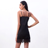 D100 Women Solid satin lace trimmed strappy mini slip dress