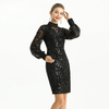 D162 Women Sequins and beads embellishment mock neck long puff sleeves fitted short evening dress