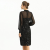 D124 Women sequin embellished organza mock neck long puff sleeves fitted midi evening dress