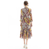 D083 Women floral print three-quarter sleeves ruffle detailing tiered midi wrap dress