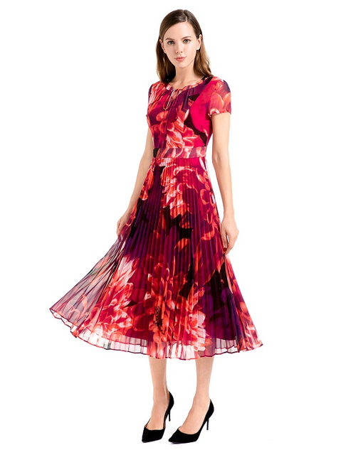 D114 Women flower print chiffon cap sleeves pleated midi day dress 