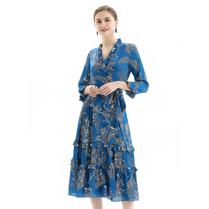 D083 Women floral print three-quarter sleeves ruffle detailing tiered midi wrap dress