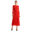 D084-2 Women Silk plissé chiffon three quarters sleeves ruffle detailed midi party dress