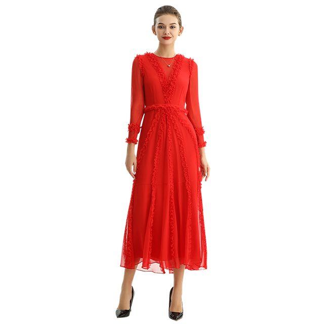 D084-2 Women Silk plissé chiffon three quarters sleeves ruffle detailed midi party dress