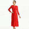 D084-2 Women Silk plissé chiffon three quarters sleeves ruffle detailed midi party dress