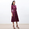D083-2 Women Solid satin three quarters sleeves ruffle detailing tiered midi wrap dress