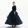D193 Girls Velvet three-quarter puff sleeves tiered flared maxi tulle gown 