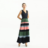 D198 Women Color block satin V neck pleated maxi evening dress