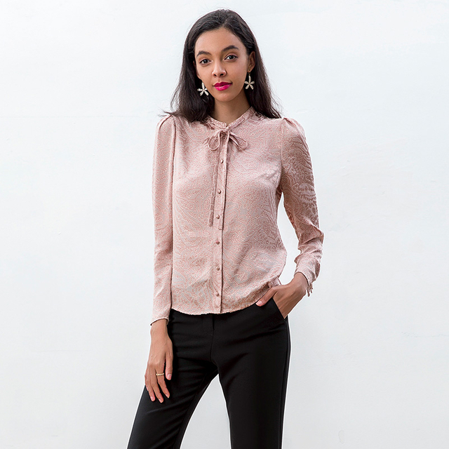 T268 Women Paisley print jacquard satin band collar neck tie puff sleeves blouse
