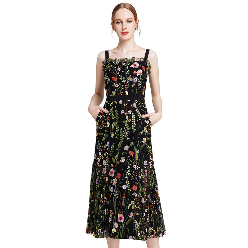 D001 Women All-over floral embroidered tulle bare shoulder grosgrain strap midi party dress