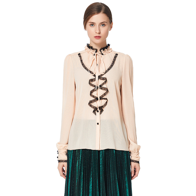 T044 Women Solid crinkle chiffon long sleeves career casual blouse