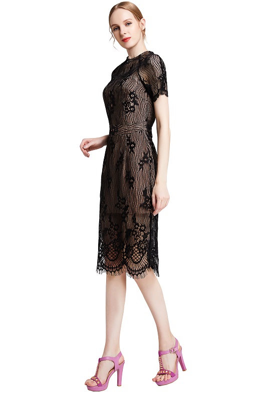 D002 Women Floral eyelash lace short sleeve midi fitted party dress