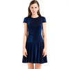 D025 Women Semi-sheer metallic knit round neck cap sleeves flared mini party dress