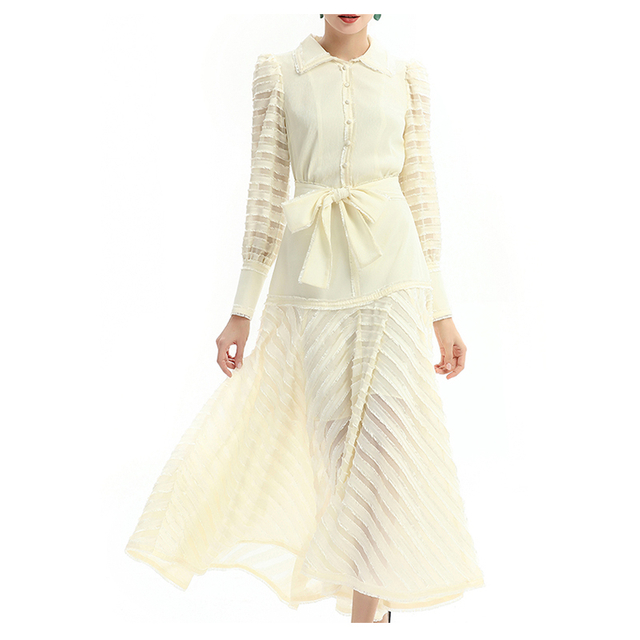 D035 Women solid shirt collar long sleeves stripes detailing flared maxi dress