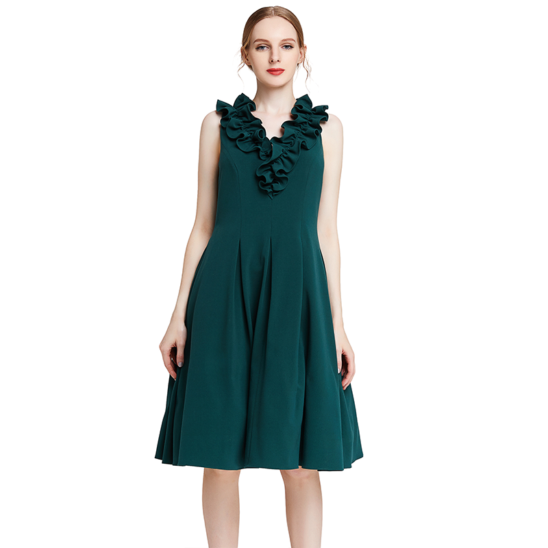 D004 Women Solid sleeveless ruched ruffle midi party dress