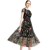 D009 Women All-over floral embroidered tulle cap sleeves midi party dress