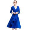 D010 Women Solid knit three-quarter sleeve mock wrap midi day dress