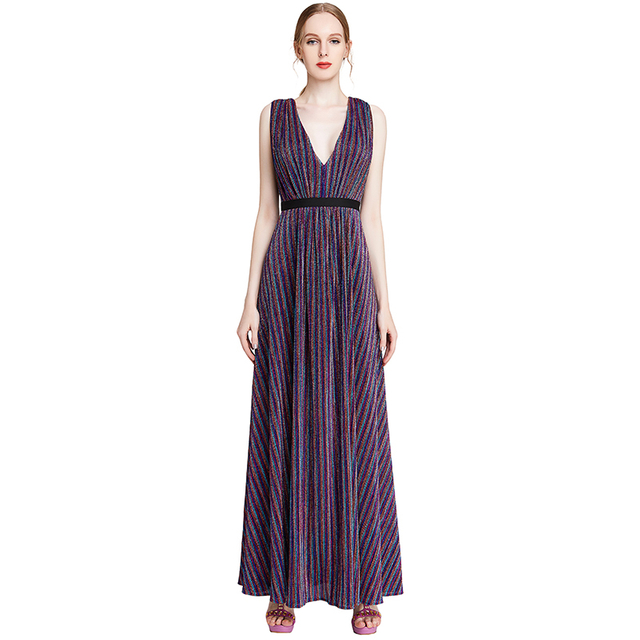 D014 Women Metallic knit V neck sleeveless pleated maxi evening dress