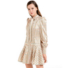 D011 Women Check print silk cotton long puff sleeves mini day dress