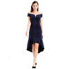 D018 Women Solid metallic knit off shoulder short sleeves asymmetric hem midi party dress