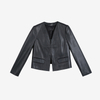 J108 Women faux leather V neck ribbed back hem short jacket