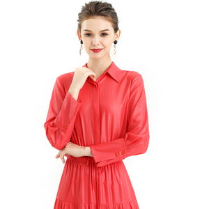T060-7 Women Solid shirt collar long sleeves drawstring waist cropped blouse
