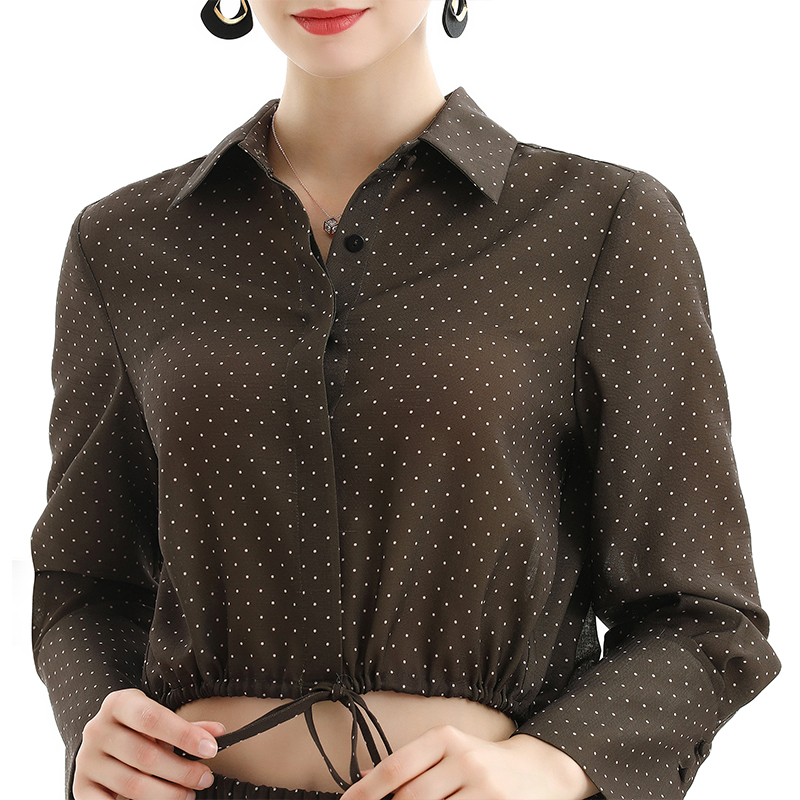 T060-2 Women Polka dot print shirt collar long sleeves drawstring waist cropped blouse