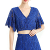 T064-3 Women 2-tone floral lace V neck short sleeve elasticated hem cropped tops