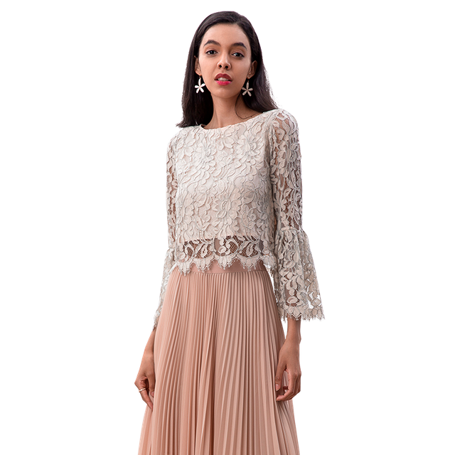 T228 Women 2-tone floral eyelash lace long bell sleeves scallop hem blouse